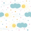 The wind drives the sun and clouds across the sky, seamless background, vector illustration, cartoon pattern